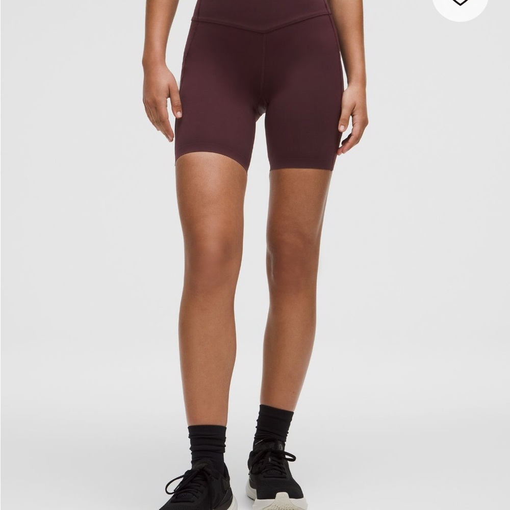 Brand new, in package Lululemon Burgundy go further high rise short. Size 4